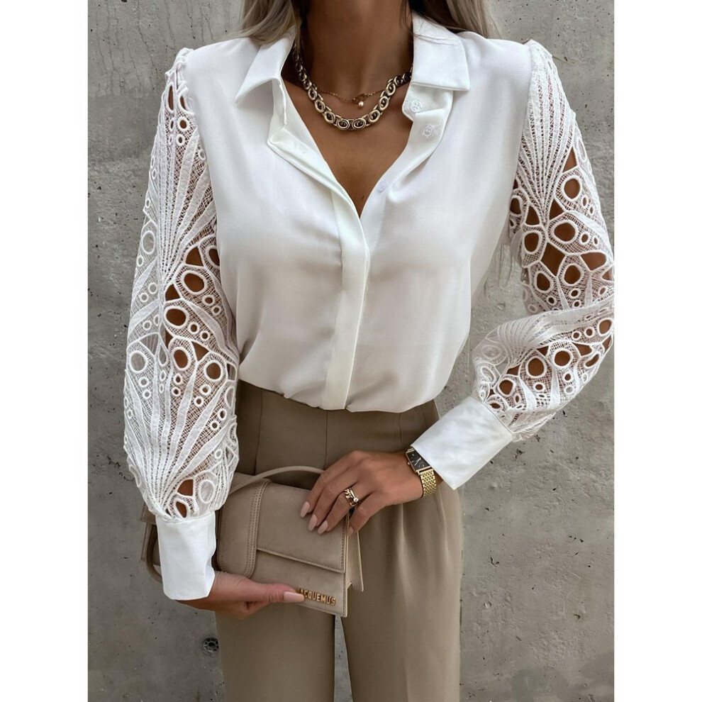 (S, white) 2024 Spring/Summer New Women's Solid Lace Stitching Blouse