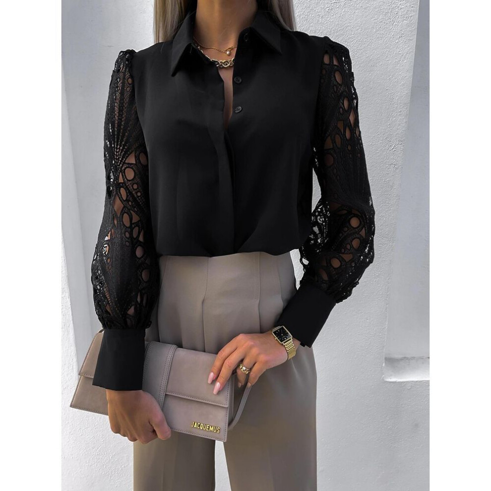 (S, black) 2024 Spring/summer New Women's Solid Lace Stitching Blouse