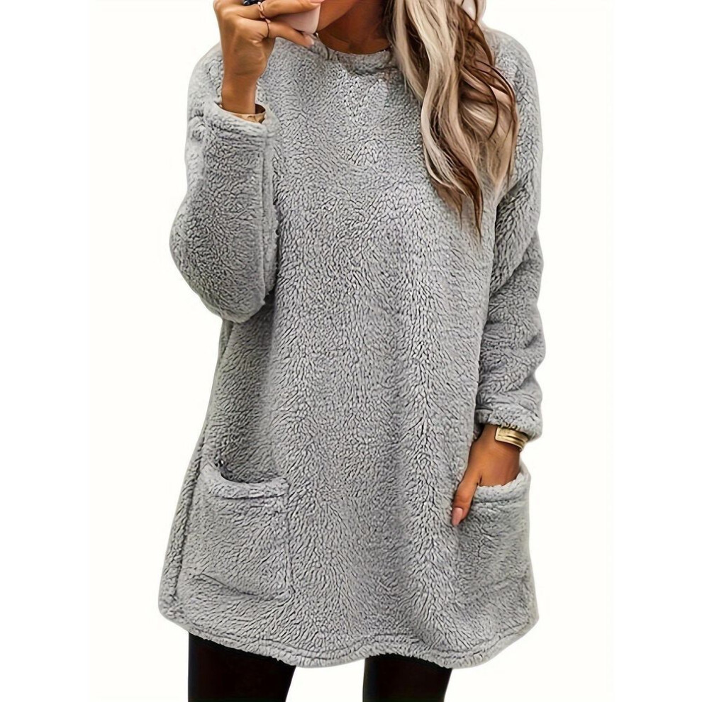 (XXL, grey) 2024 Women's Casual Long-sleeve Plush Sweater With Pockets, Autumn/winter Collection