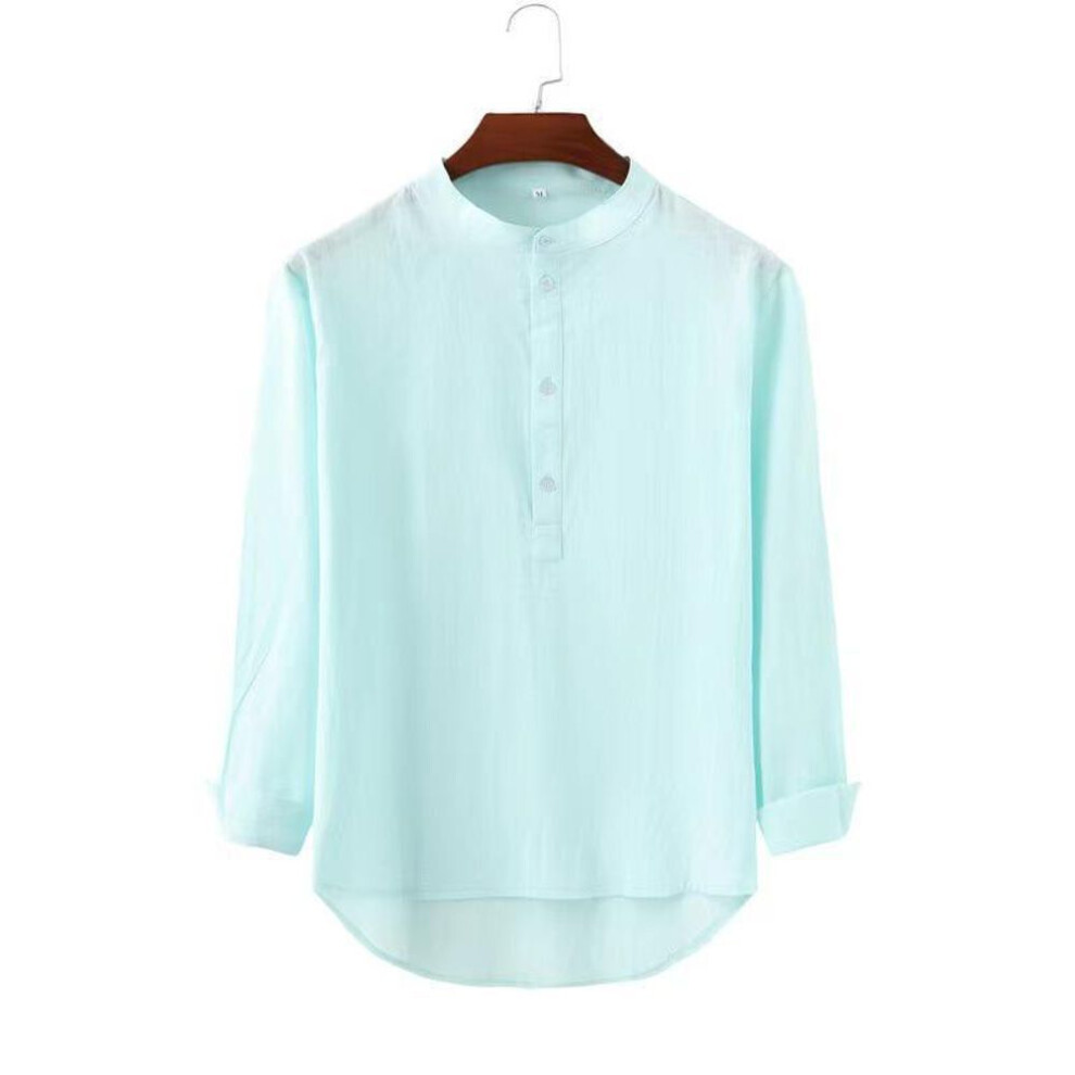 (XXL, light blue) 2024 European & American Men's Casual Stand-up Collar Solid Long Sleeve Shirt in Bamboo Cotton Linen
