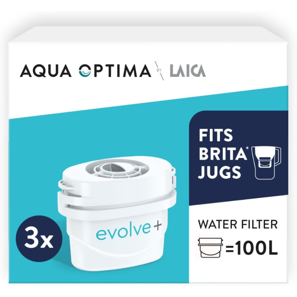 Aqua Optima Evolve+ Water Filter Cartridges, 3 Pack - Fits Brita Jugs & Alternative for Maxtra Filters - Reduces Limesc