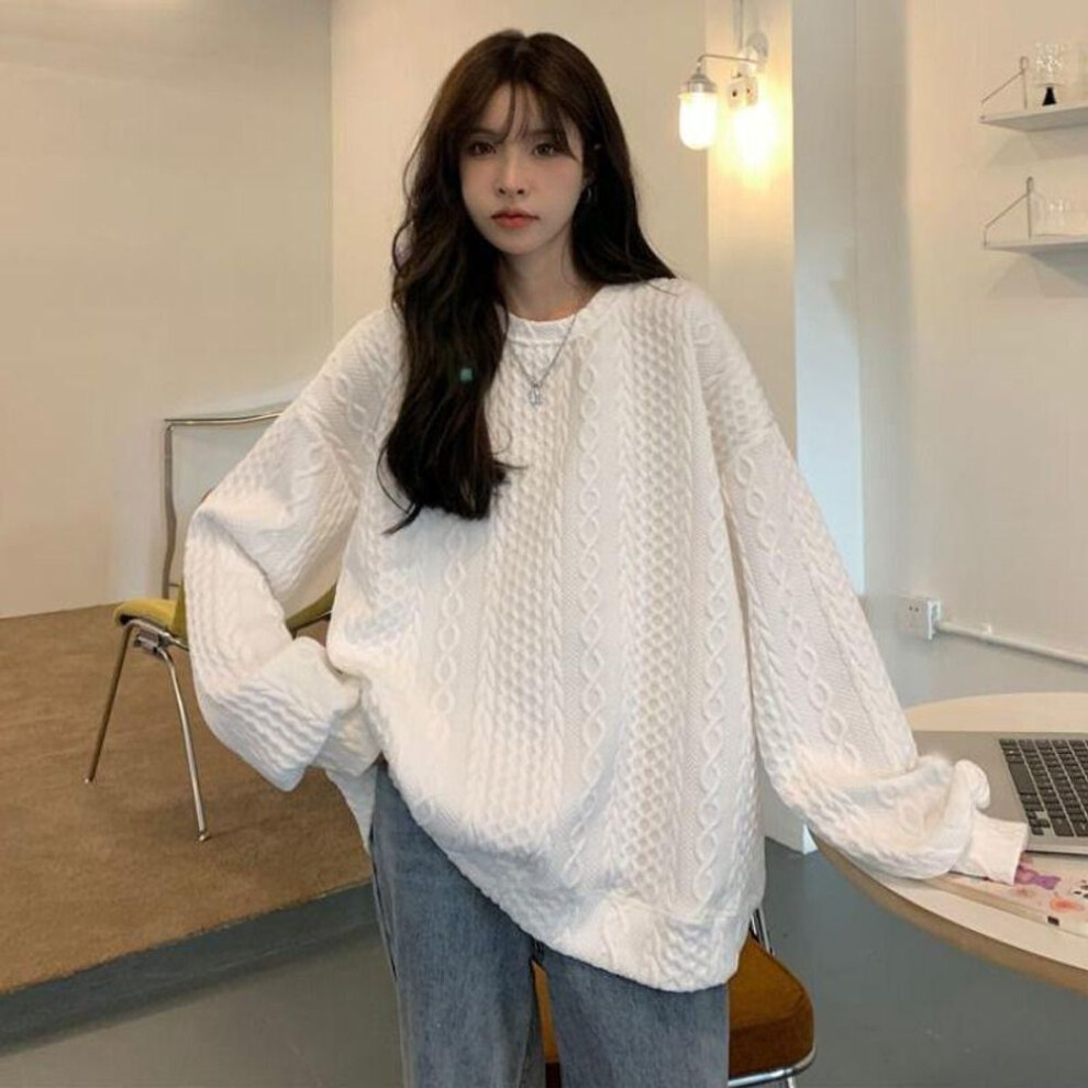 (M, white) 2025 Women's Oversized Sweatshirt - Loose, Hoodless Korean Style Jacket For Spring & Autumn