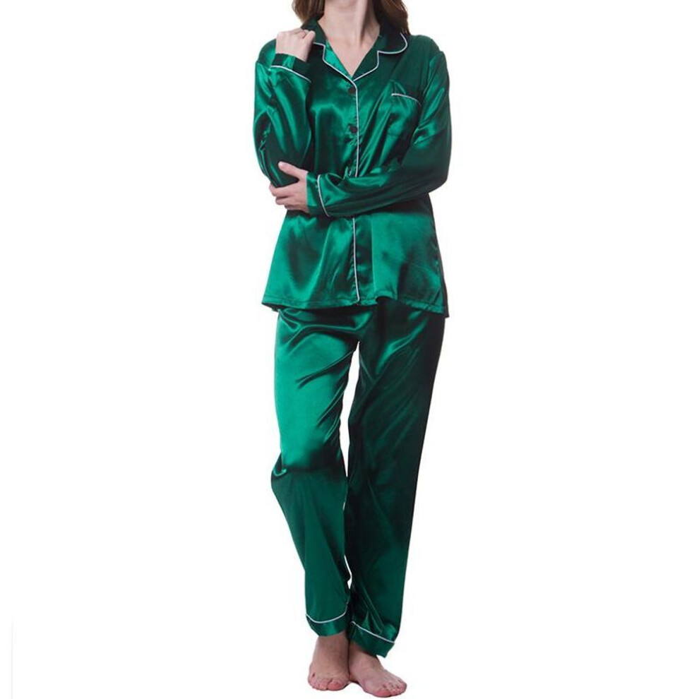 (XXXL, green) Women's Sleepwear Simple Satin Pajama Set Long Sleeve Buttons Lapel Top With Elastic Pants Loungewear Nightwear