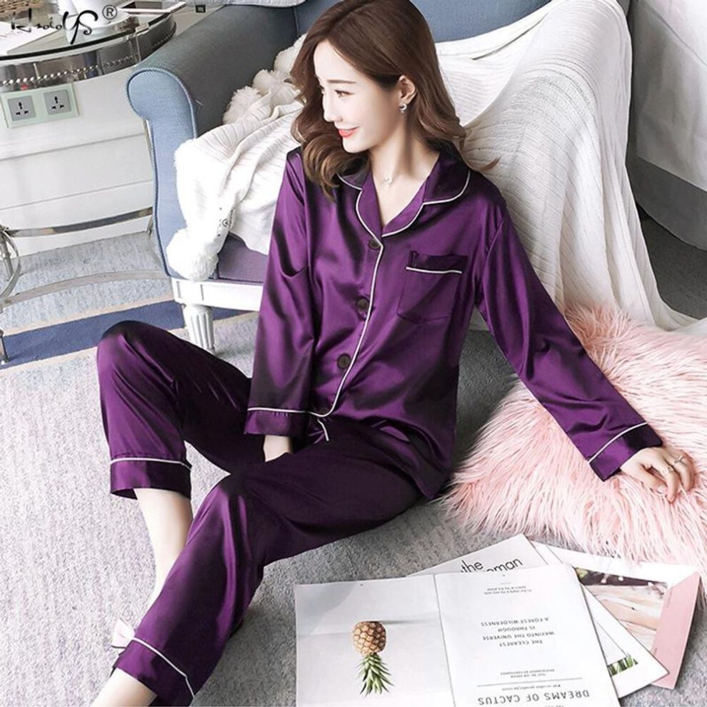 (XL, purple) Women's Sleepwear Simple Satin Pajama Set Long Sleeve Buttons Lapel Top With Elastic Pants Loungewear Nightwear
