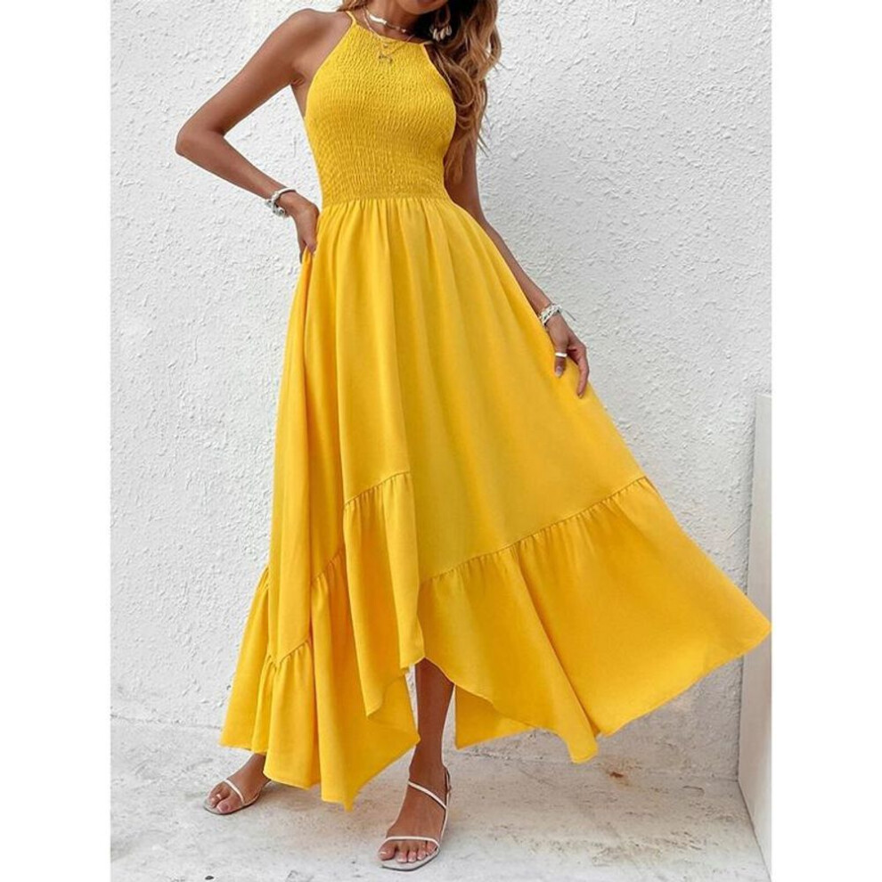 (yellow, XXL) Fashion Sleeveless Sexy Party Dress Women Summer Vacation A Line Backless Casual Long Dresses Women Vintage Irregular High Waist Yellow Dress 26205
