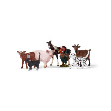 Schleich Farm World 7-teiliges Bauernhoftier-Geschenkset inkl. Dalmatiner-Katze, Schwein, Ziege, Hahn, Texas-Longhorn-Kalb und Pinto-Fohlen, Tierspiel