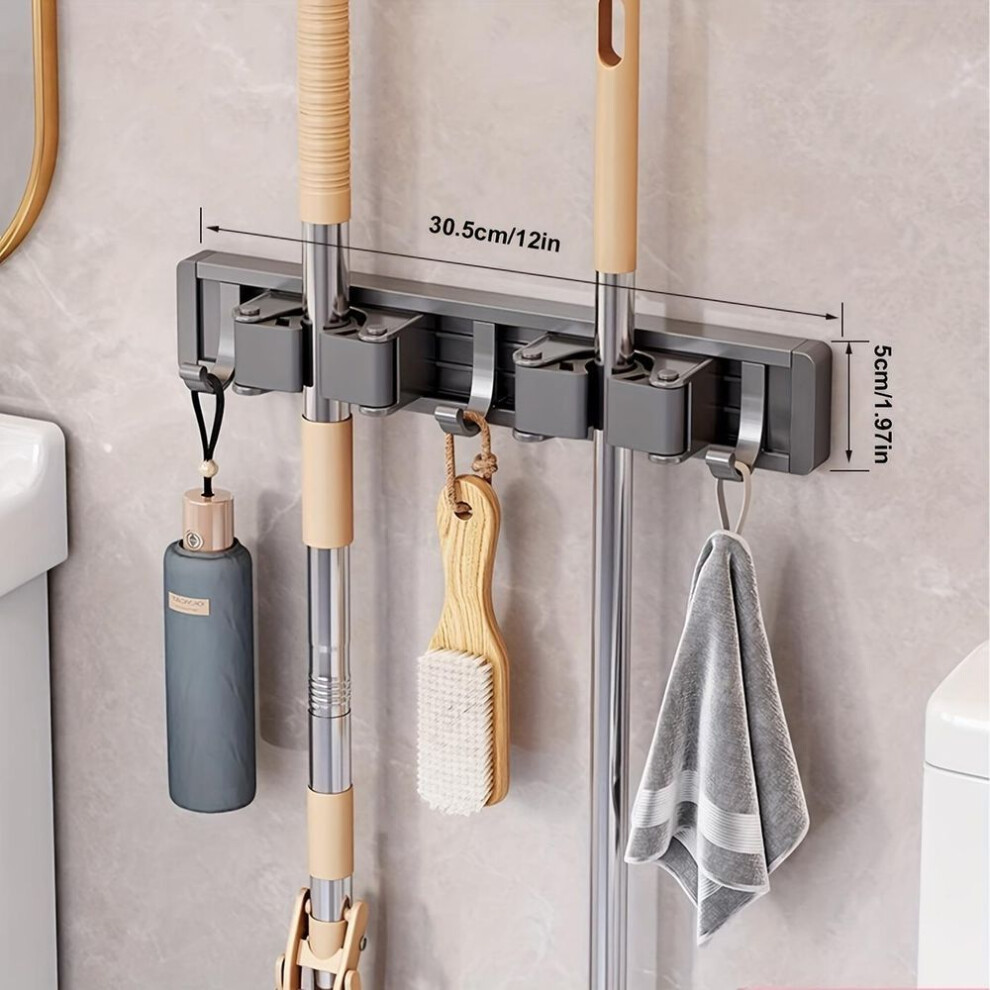 (grey) Heavy Duty Metal Mop And Broom Holder With Adjustable Hooks, Wall Mounted Organizer Shelf For Home, Kitchen, Garden, Laundry Room, Garage