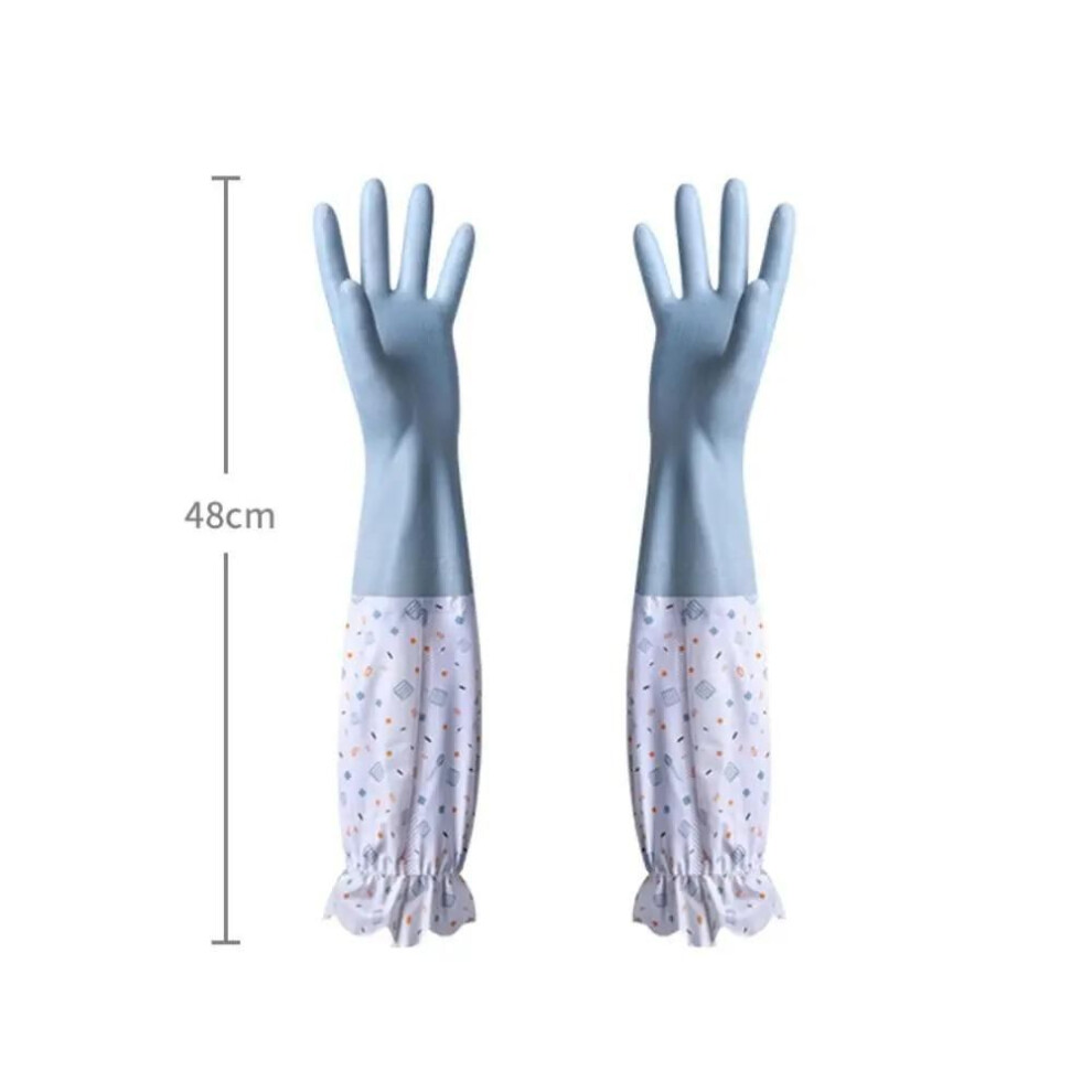 (blue) Rubber Dish Washing Gloves Waterproof Elastic Cuffs Housework Gloves Latex Long Sleeve Winter Cleaning Gloves