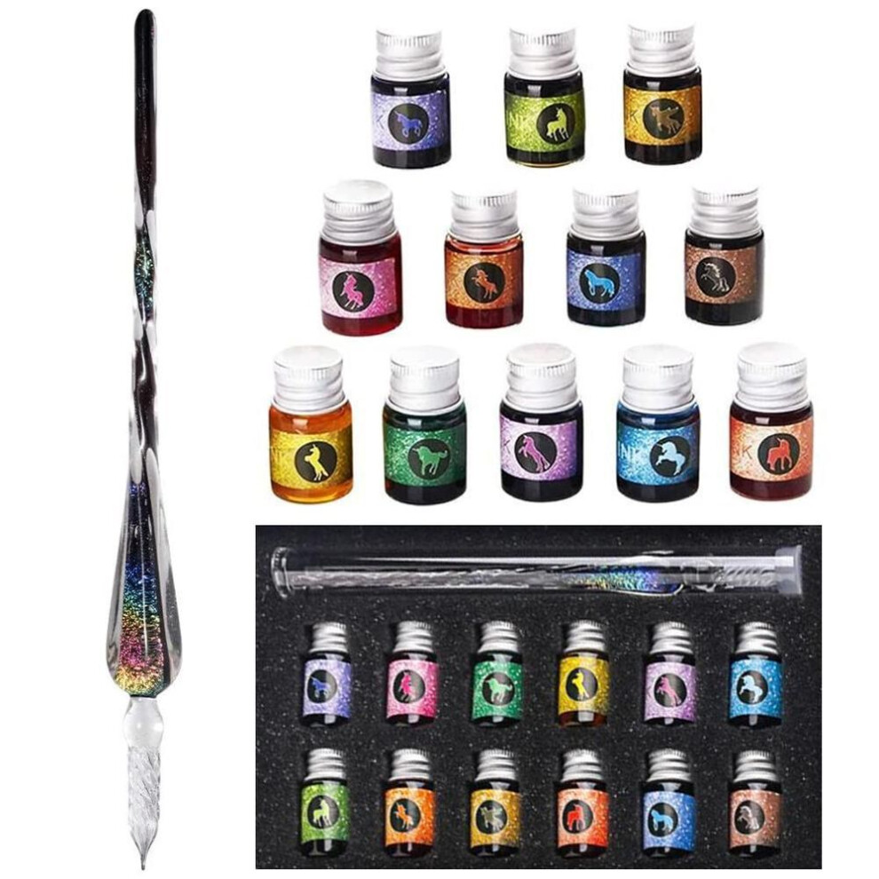 Glass Dip Pen Ink Set Calligraphy Dip Pens Crystal Calligraphy Pen And Ink Set With 12 Colorful