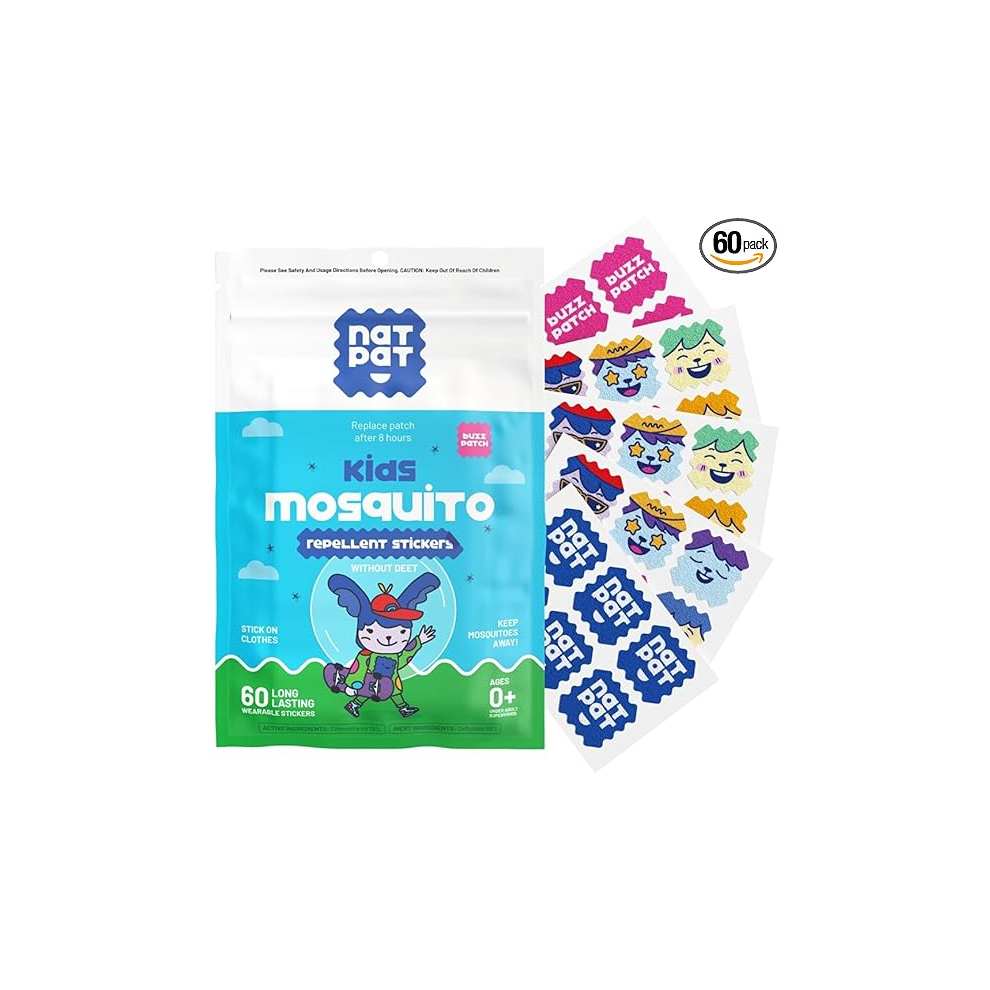 NATPAT Buzz Patch Mosquito Patch Stickers for Kids (60 Pack) - The Original All Natural Citronella Essential Oil Insect Patch,