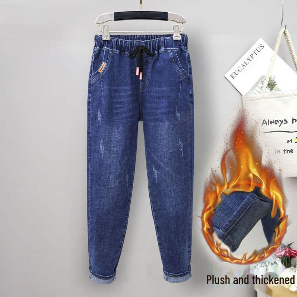 (blue, velvet version, 5XL) Plus Size Elastic High Waist Harem Jeans for Girls - Loose, Slimming Fit (230 lbs)