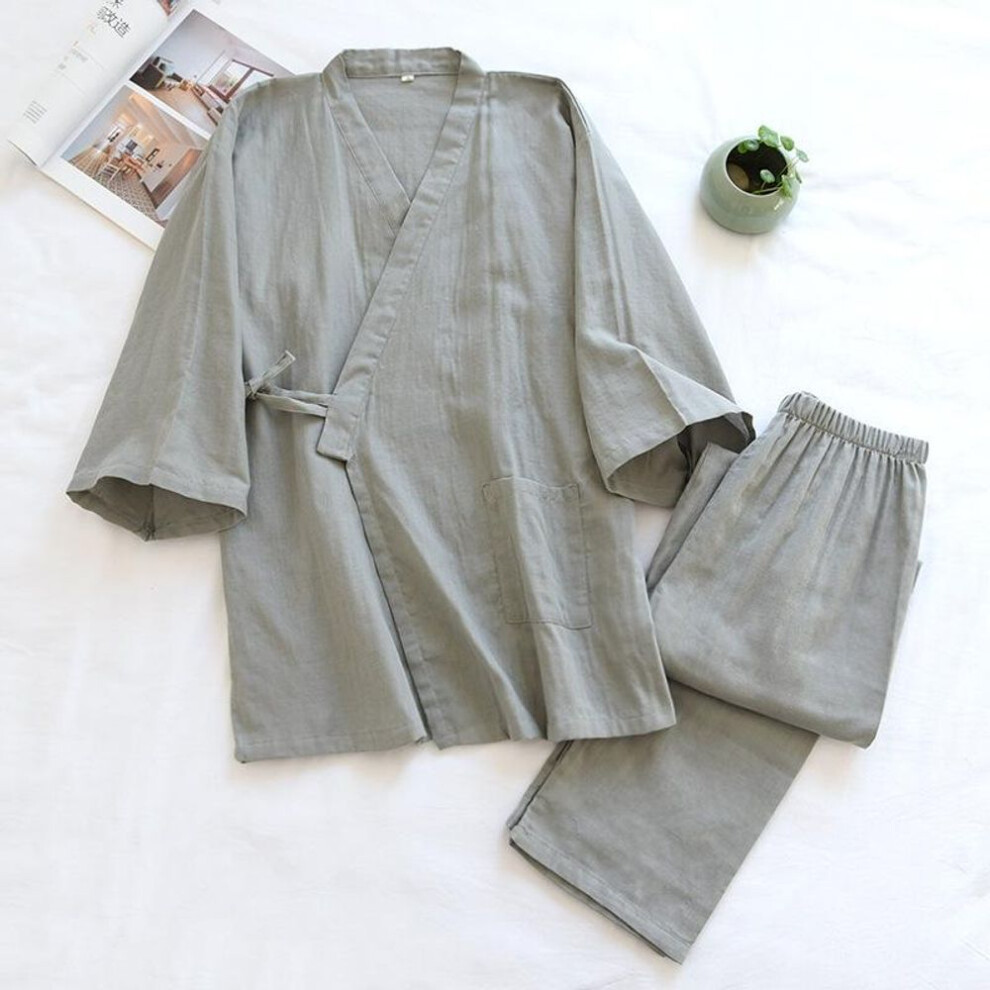(M, gray) Spring And Summer Kimono Men's Pajamas Two-piece Cotton Simple  Three-quarter Sleeve Trousers