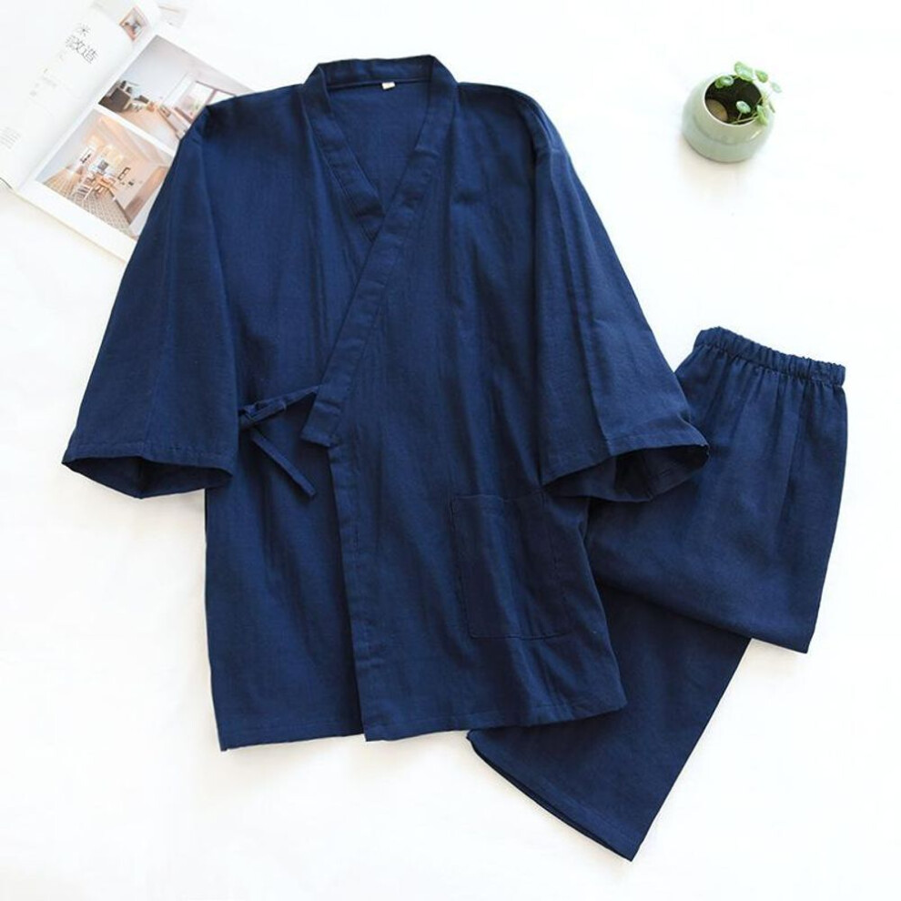 (XL, navy) Spring And Summer Kimono Men's Pajamas Two-piece Cotton Simple  Three-quarter Sleeve Trousers