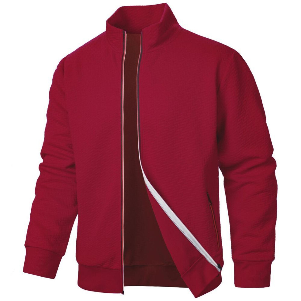 (wine red, L) Men's Stand Collar Zipper Cardigan - Casual Jacquard Sweater Jacket