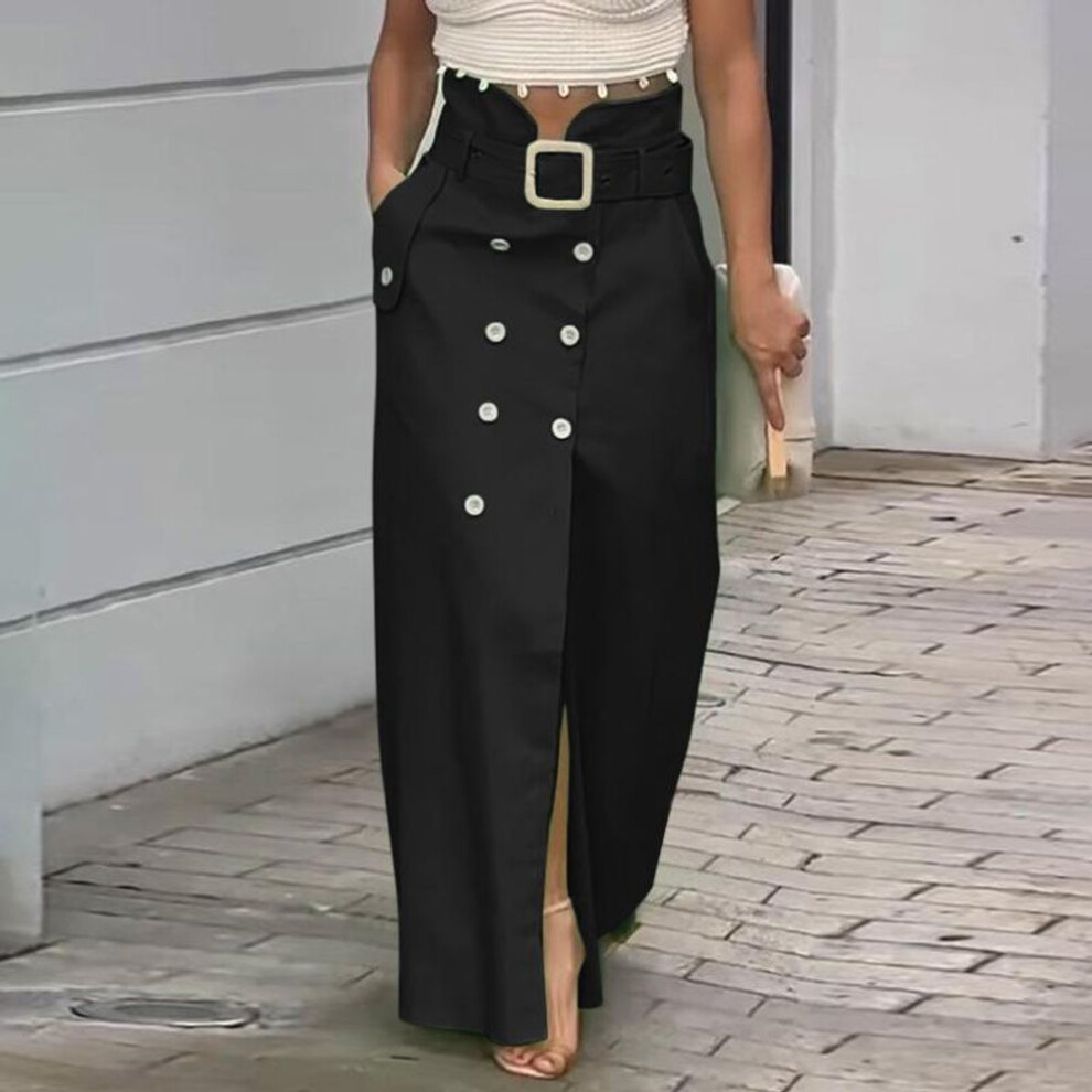 (M, black) Vonda Women Vintage Belt Button Design Slit Skirts
