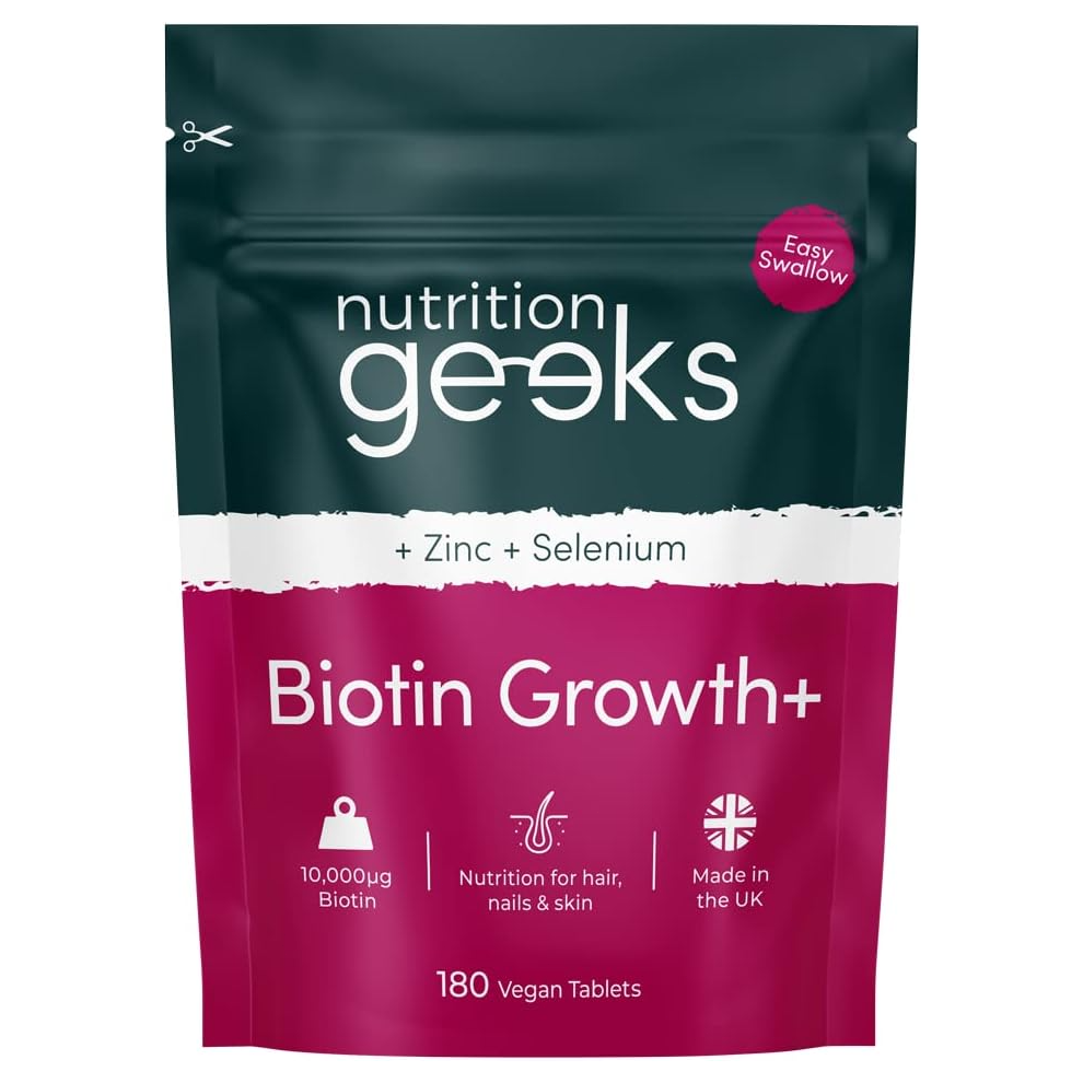 Nutrition Geeks Biotin Hair Growth Supplement - 180 Tablets Enhanced With Zinc & Selenium, Hair Vitamins Complex - Biot