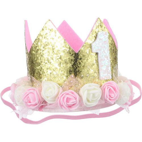 Cappellino Per Primo Compleanno Bambina Corona Rosa Con Glitter - Festa E Decorazione Torta