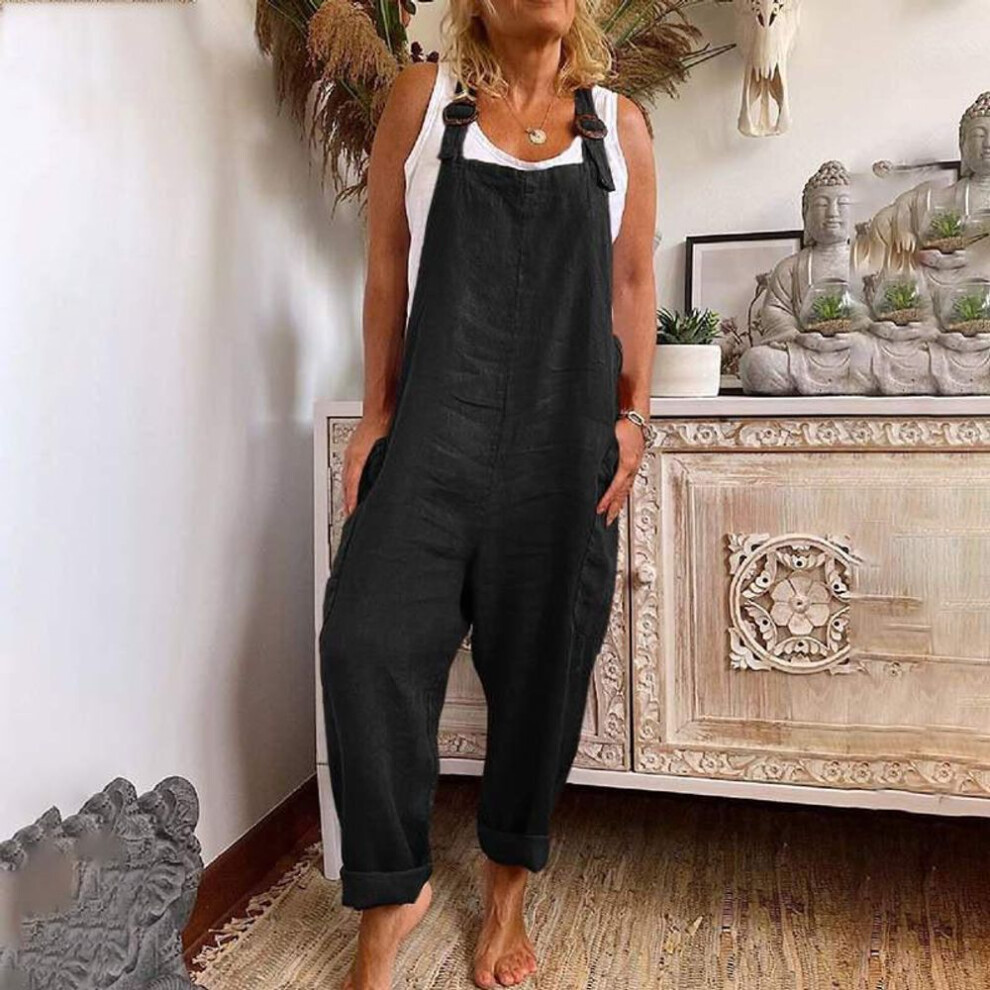 (S, black) Wide Leg Jumpsuit Women Adjustable Button Cotton Linen Pocket Work Clothes