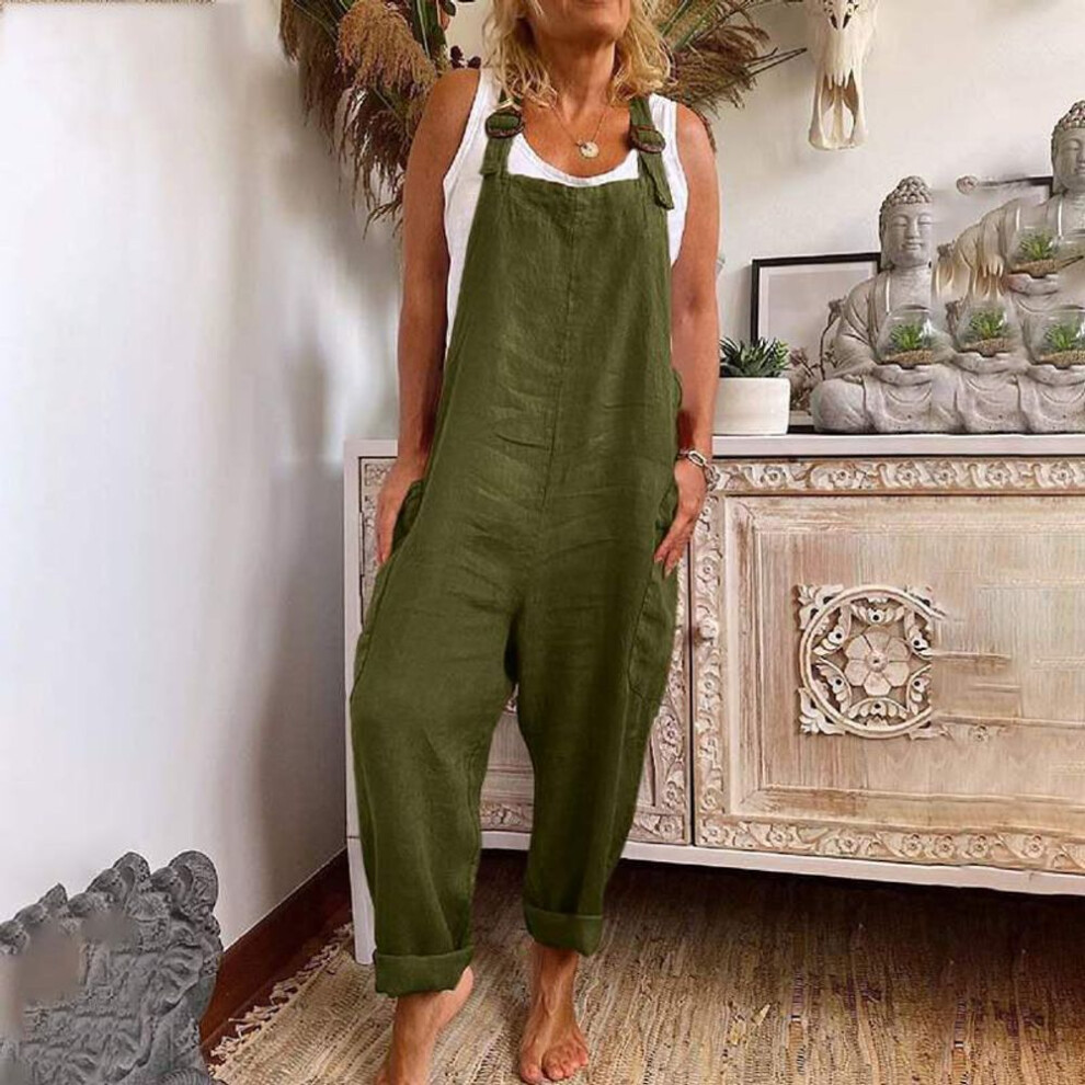 (2XL, green) Wide Leg Jumpsuit Women Adjustable Button Cotton Linen Pocket Work Clothes
