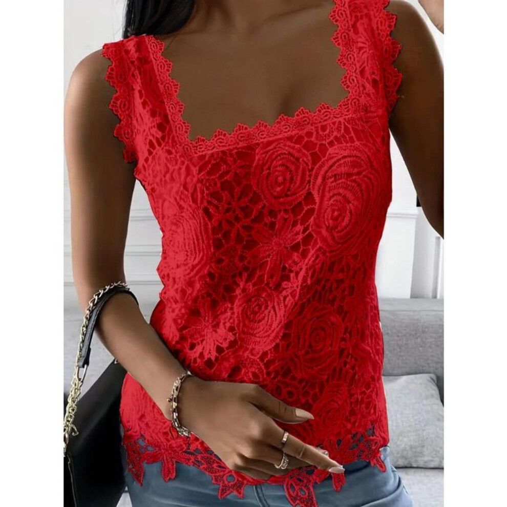 (M, red) Summer Women's Vest Square Neck Lace Sleeveless Tank Top