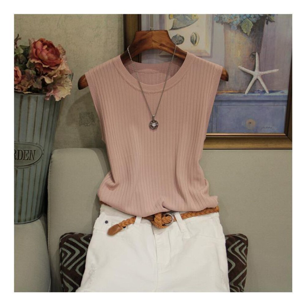 (L, pink) Summer Round Neck Undershirt Women Wide Straps Thin Inner Sleeveless Knitted Solid Color Outer Tops Polyester Vest