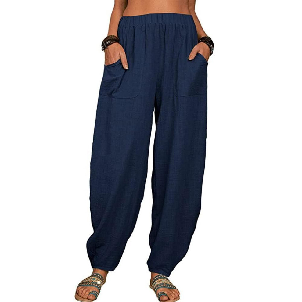 (dark blue, M) Women's Haren Pants Summer Casual Retro Large Size Cotton and Linen Pants Elastic Waist Wide Leg Pants Home Pants