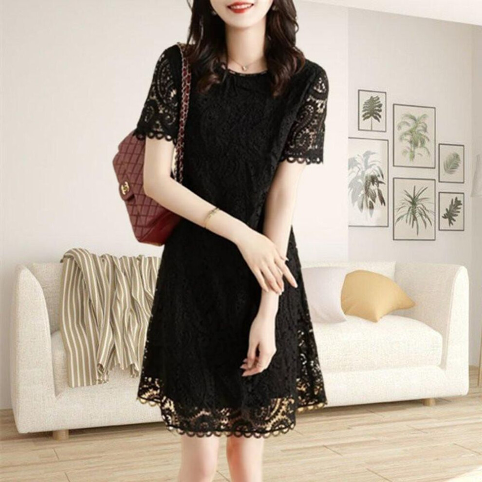 (black, XL) Women Summer Round Neck Dress Slim Fashion Lace Dress Short Sleeve Printed A-Line Dresses