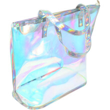 Borsa da spiaggia con cerniera, borsa iridescente, riutilizzabile, richiudibile, ologramma in rete, borsone da viaggio