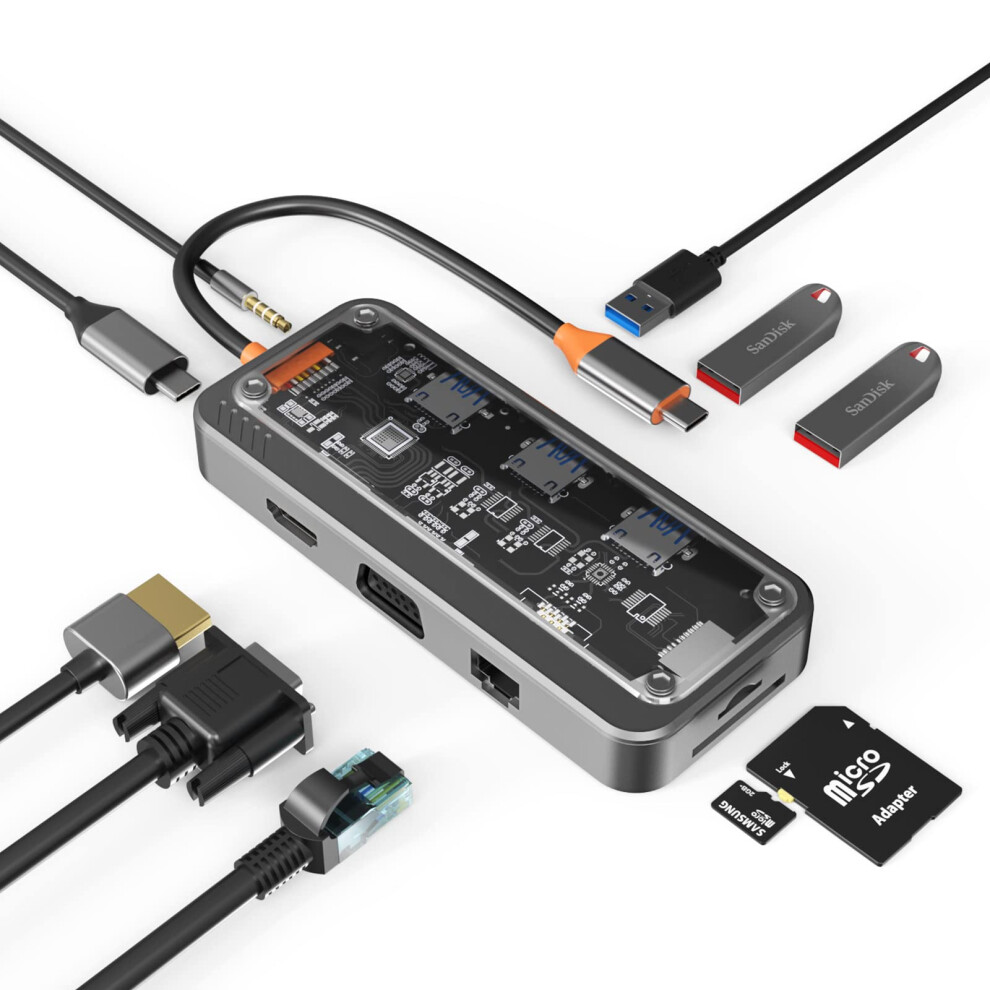 Usb C Hub 10-In-1 Docking Station With 4K Hdmi, Vga, Pd, Usb 3.0, Ethernet, Sd/Tf, Aux (Black) Black 6976918056559