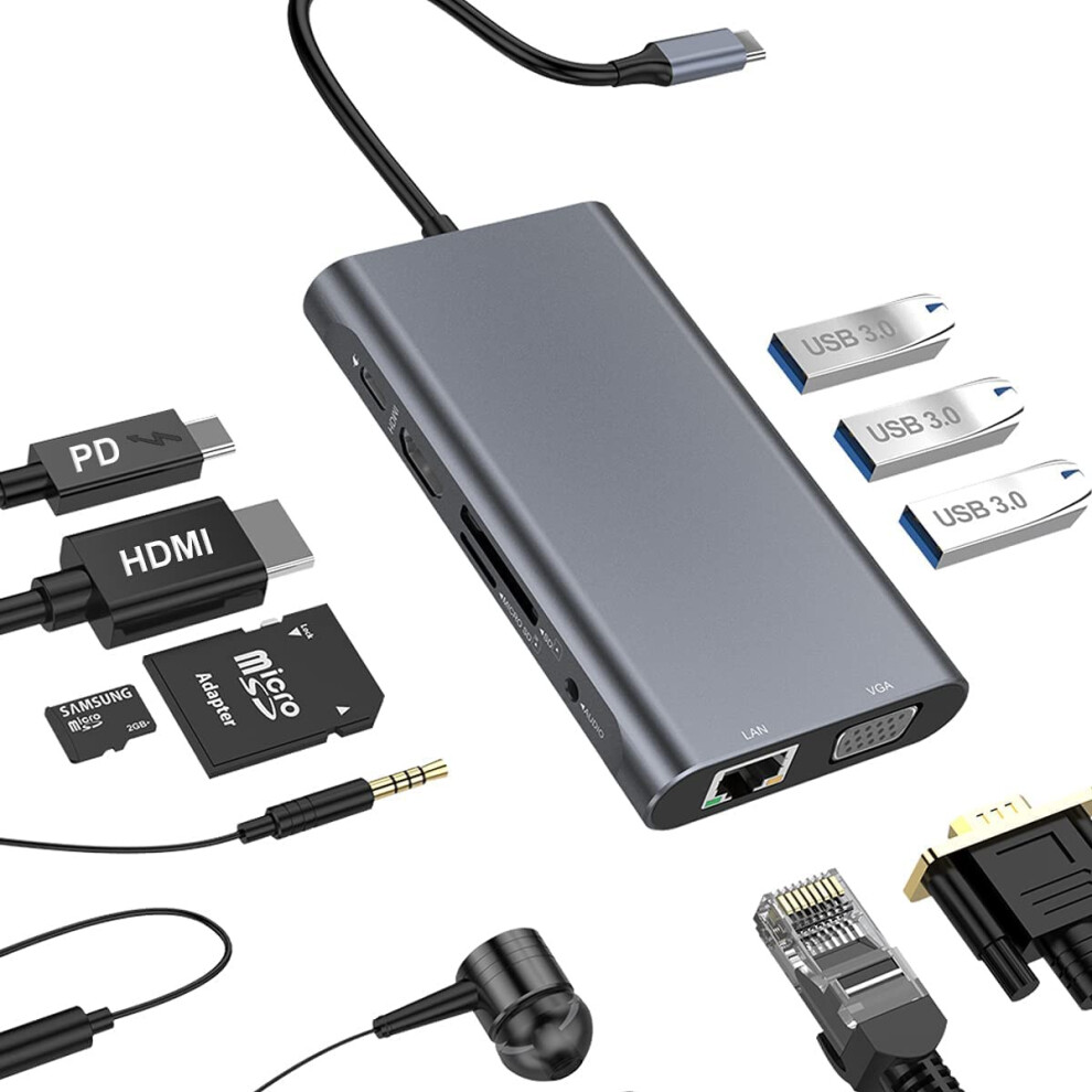 Usb C Hub 10-In-1 Adapter With 4K Hdmi, Vga, Pd, Usb 3.0, Ethernet, Sd/Tf, Aux (Black) Black 6976918056641