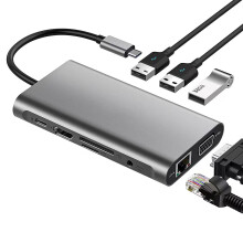 USB C Hub 11-in-1 Adapter with 4K HDMI, VGA, USB 3.0, Ethernet, Card Reader, AUX (Gray)