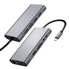 11-in-1 Travel USB C Docking Station with HDMI, VGA, Ethernet, SD, MicroSD, USB-A 2.0 & 3.0, USB-C PD (Gray)