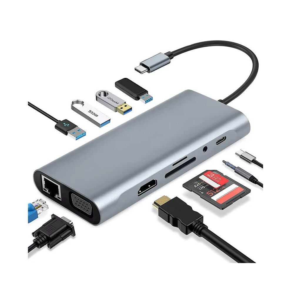 Chronus Usb C Hub 11-In-1 Multiport Adapter With Ethernet, Hdmi, Vga, 4 Usb, Sd/Tf, Aux, Usb-C Pd (Gray) Gray