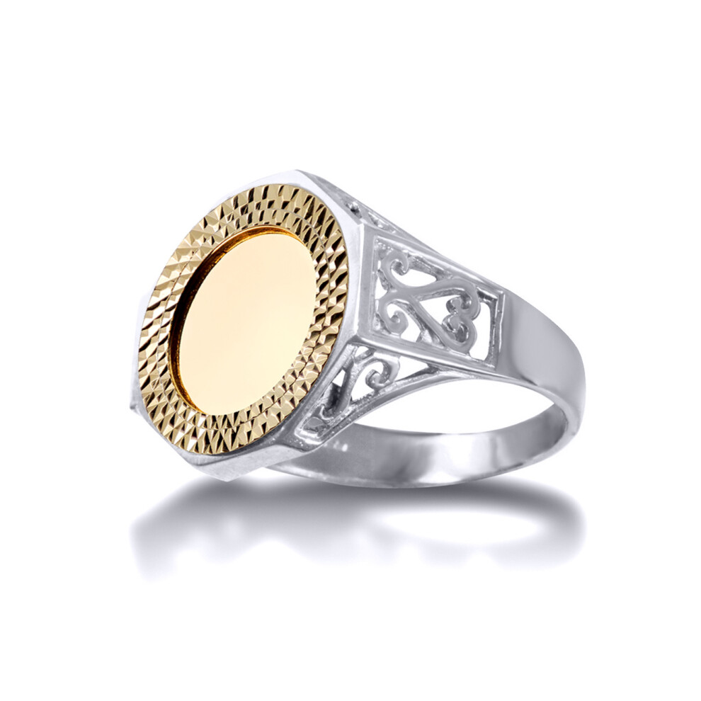 (S) Jewelco London Solid Sterling Silver Octagon Scroll Quarter Sovereign Coin Mount Ring - 9ct Gold Bezel - XRN156-Q