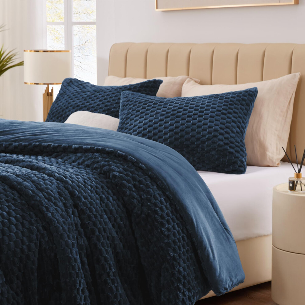 Parure de lit ChiXpace Fluffy King - Parure de lit luxueuse     carreaux bross   s et pelucheux, en velours moelleux, bleu, 3 pi   ces, pour l'hiver