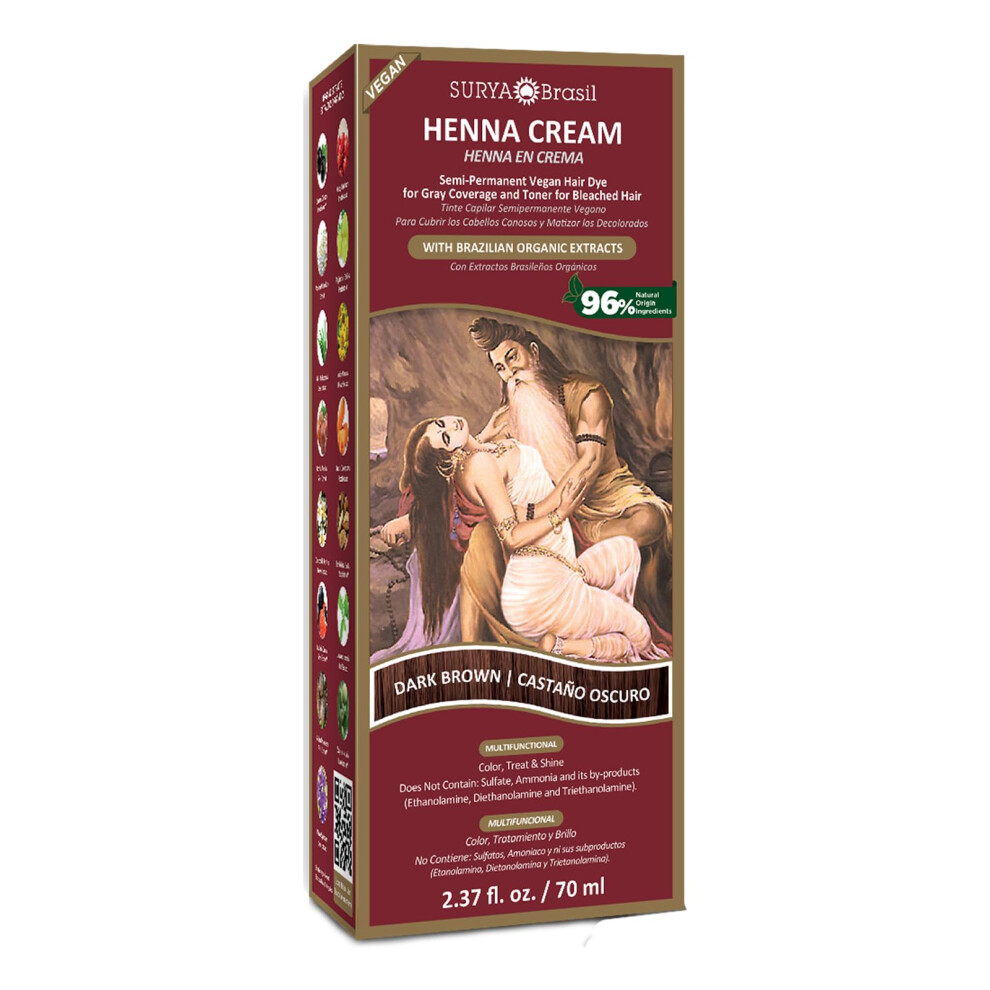 Surya Brasil Cream,Brown Henna Hair Color Cream - Semi-Permanent Natural Dye For Gray Coverage - Deep Conditioning Dark Brown 2.37 Oz
