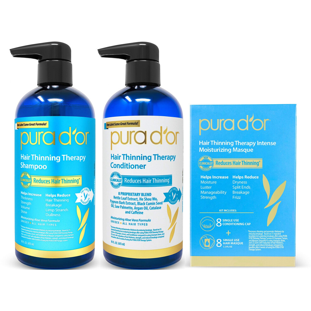 Pura D'eller Pura D'or Hair Thinning Therapy 3-Piece Set Shampoo Conditioner & Masque For Best Results Infused With Argan Oil Biotin & Natural Ingredients All