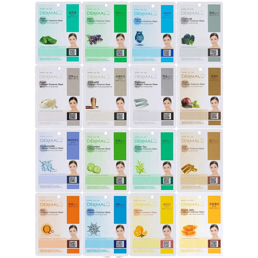 Dermal 16 Combo Pack A Collagen Essencce Korean Face Mask - Hydrating & Soothing Facial Mask With Panthenol - Hypoallergenic Self Care Sheet Mask For