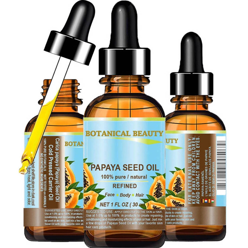 Botanical Beauty Papaya Seed Oil. 100% Pure / Natural / Undiluted /Refined Cold Pressed Carrier Oil. 1 Fl.oz.- 30 Ml. For Skin Hair And Lip Care.