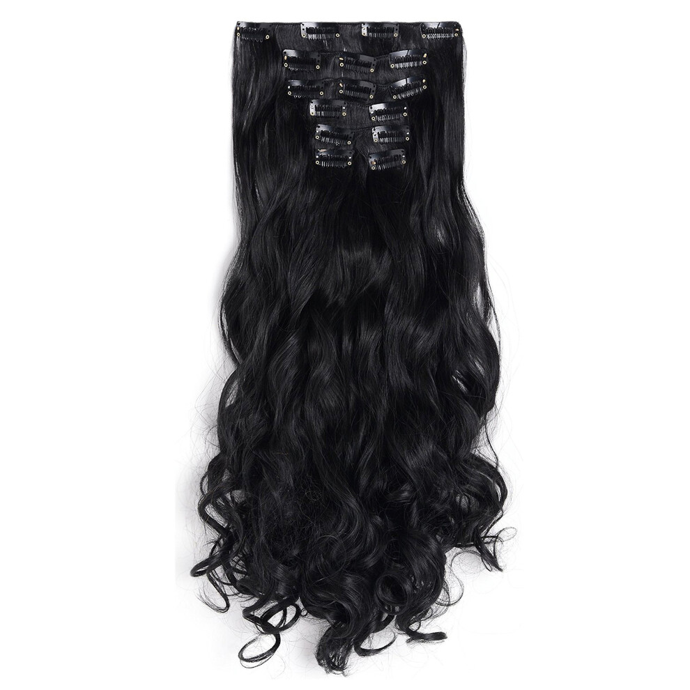 Onedor 20"""" Curly Full Head Clip In On Synthetic Hair Extensions 7Pcs 140G (1B-Off Black)