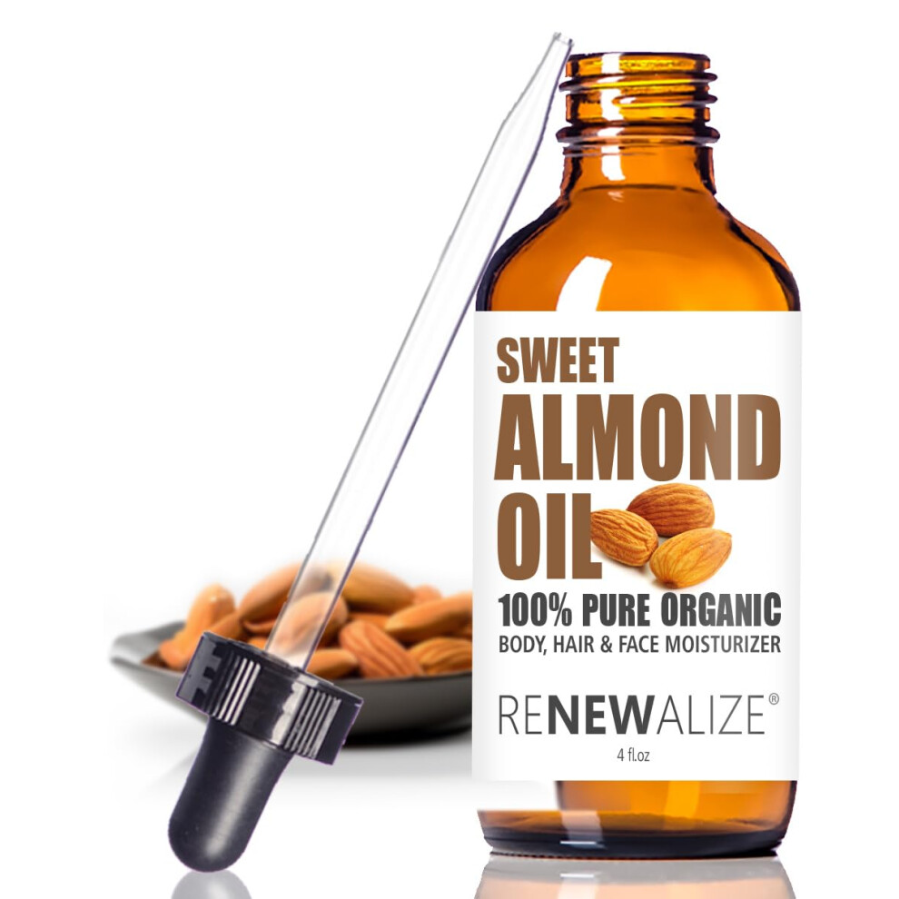Renewalize Biologico Olio Di Mandorle Dolci Idratante - In 4 Oz Bottiglia Di Vetro Con Contagocce | Migliore Qualità Grezzo Spremuto A Freddo Skincare Trattamento Lozione 4 Once Giallo-image