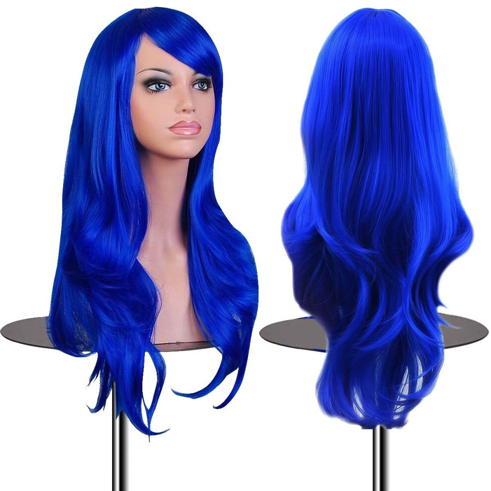 Emaxdesign Unisex Blue Wigs 28 Inch Wavy Curly Cosplay Wig With Wig Cap And Comb (Dark )
