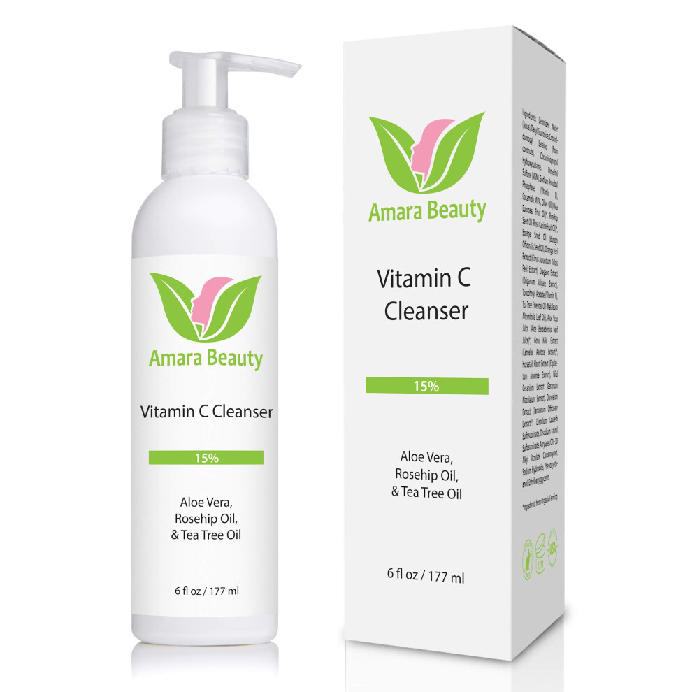 Amara Beauty Facial Cleanser With 15% Vitamin C Aloe Vera Rosehip Oil & Tea Tree Oil 6 Fl. Oz.