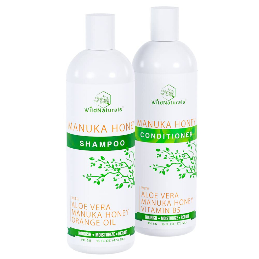 Manuka Honey Shampoo and Conditioner - Soothing Moisturizing Formula for Eczema  Psoriasis  Curly Hair  and Color-Safe - All Natural Set