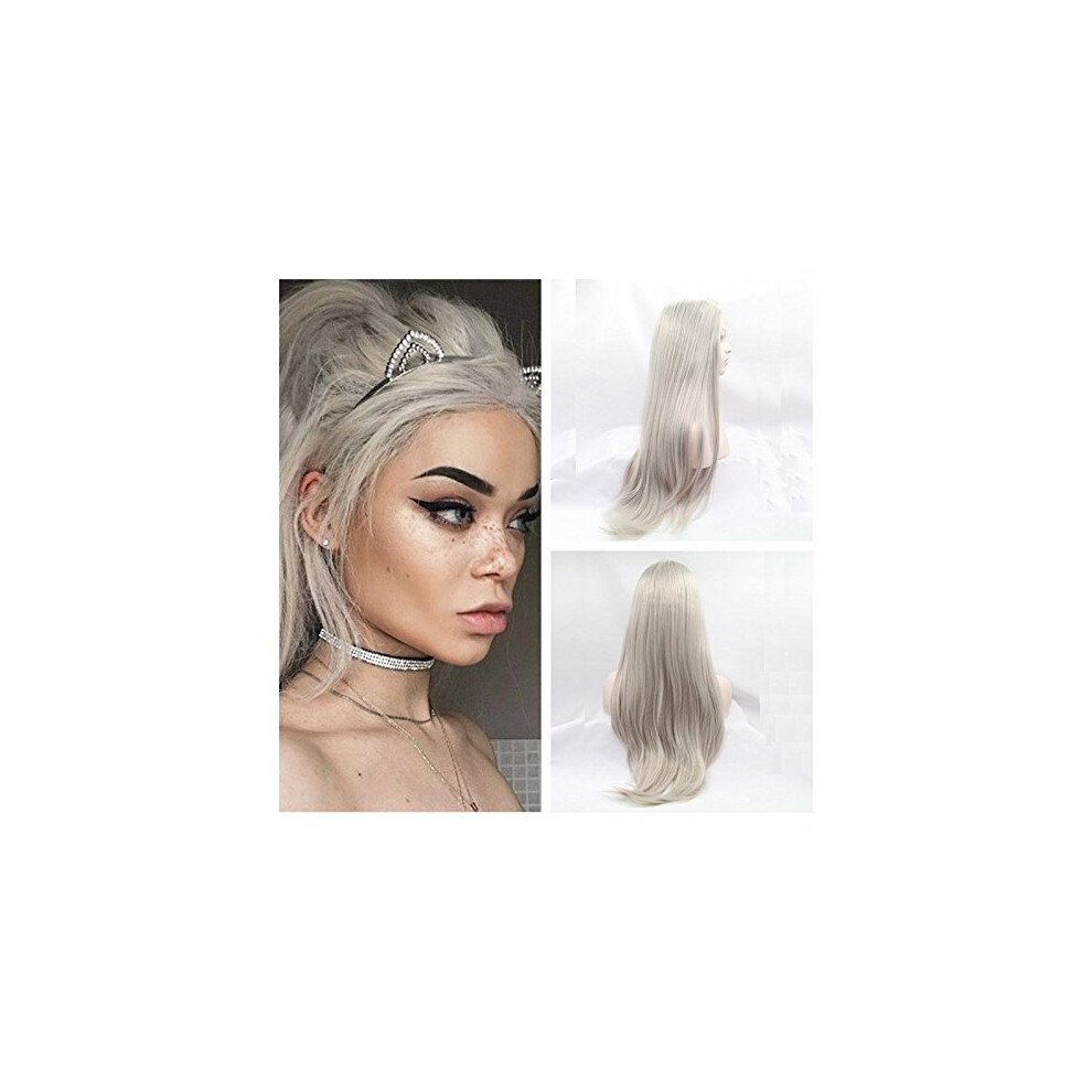 Xiweiya PerüCken, Lang, Seidig, Glatt, Hellsilbergrau, Synthetische Lace-Front-PerüCke Mit HitzebestäNdiger Faser, Mittelteil FüR Frauen, Hallowe-image
