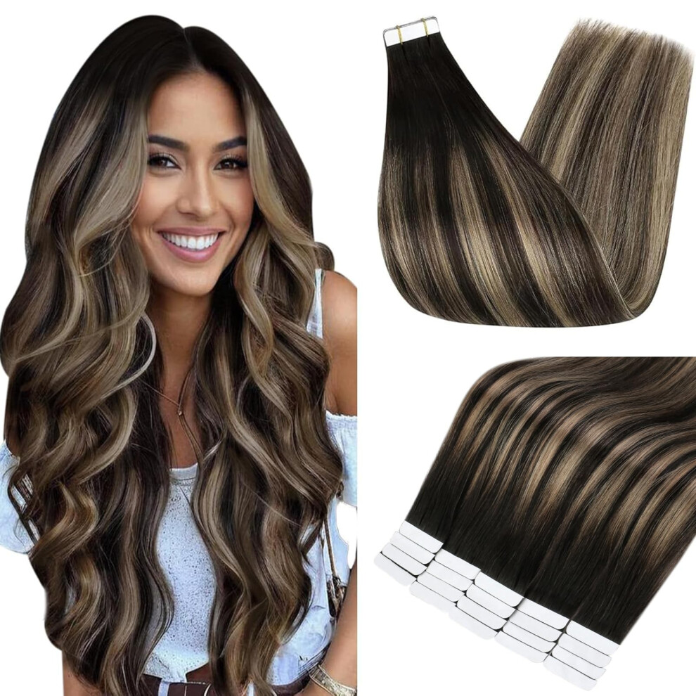 Fshine Full Shine Tape In Hair Extensions Human Hair Blonde Highlighted On Black Hair 18 Inch Black Ombre Remy Hair Tape In Extensions Seamless Tape On 20Pcs