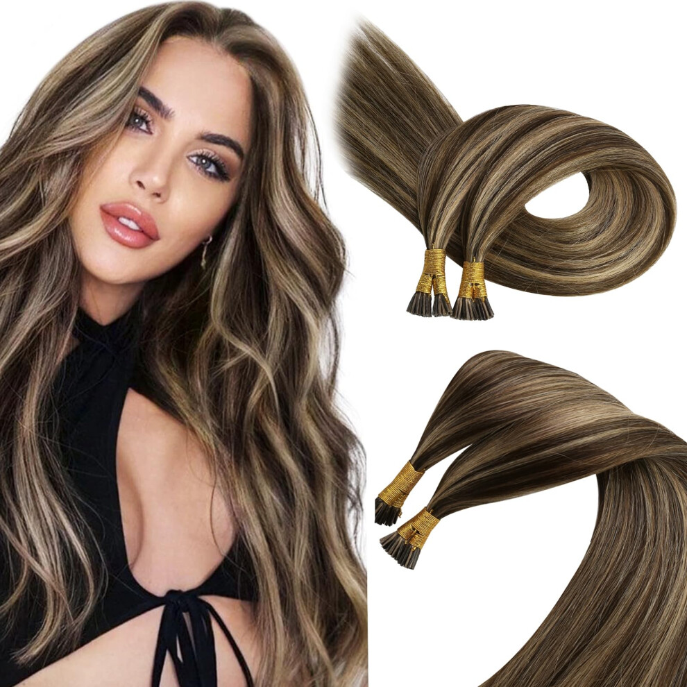 Sunny Hair Unisex Brown Sunny Human Hair Extensions Itips Real Human Hair 60S Itip Hair Extensions Human Hair Dark Highlight Caramel Blonde Keratin Tip Hair Exten