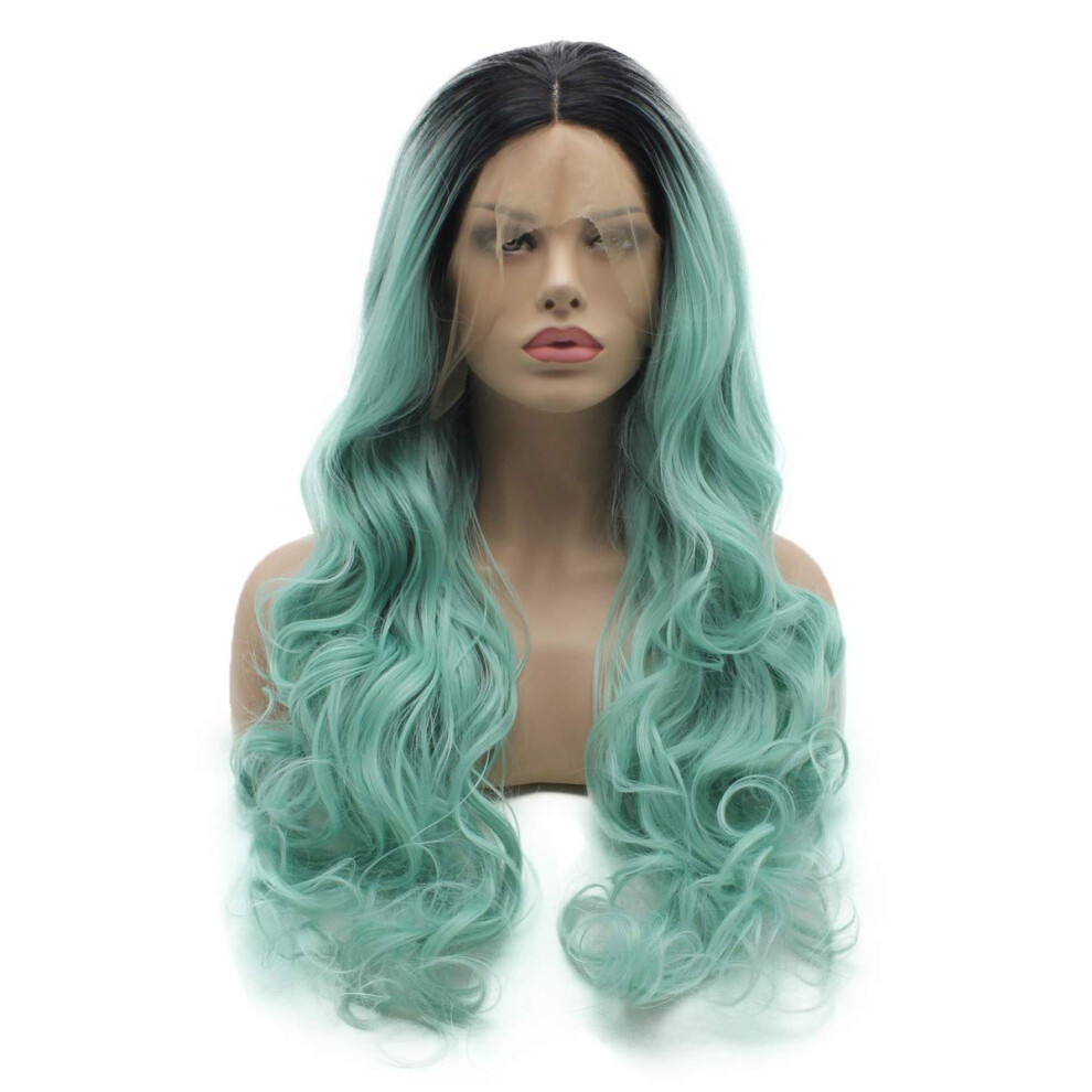 Frodig Unisex Blue Lushy Hair Synthetic Lace Front Wig Wavy Long 26Inch Dark Root Light Ombre Wig Heavy Density Realistic Wig