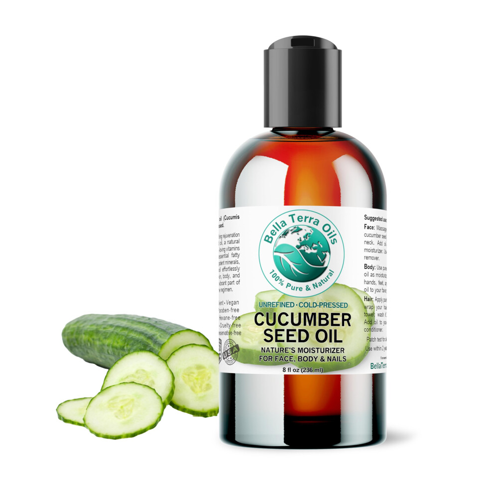 Bella Terra Oils - Cucumber Seed Oil 8 Oz - Dive Into Cucumber's Nutritional Treasure Infused With Vitamins & Omega-3 Seamless Addition To Skin Care