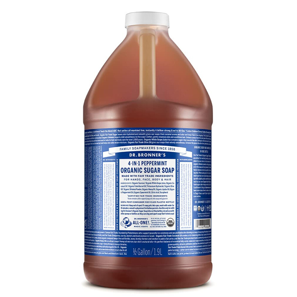 Dr. Bronner's - Organic Sugar Soap (Peppermint  64 Ounce) - Made with Organic Oils  Sugar and Shikakai Powder  4-in-1 Uses: Hands  Body  Face and Hair